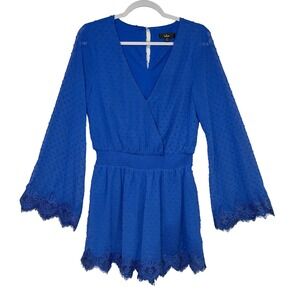Lulus Royal Blue Romper Medium Swiss Dot Lace Trim V‎ Neck Bell Sleeve